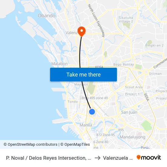 P. Noval / Delos Reyes Intersection, Manila to Valenzuela City map