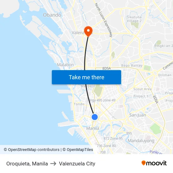 Oroquieta, Manila to Valenzuela City map