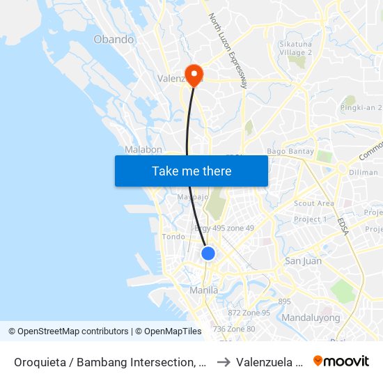 Oroquieta / Bambang Intersection, Manila to Valenzuela City map