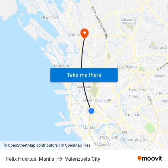 Felix Huertas, Manila to Valenzuela City map