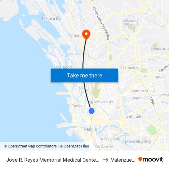 Jose R. Reyes Memorial Medical Center, Quiricada, Manila to Valenzuela City map