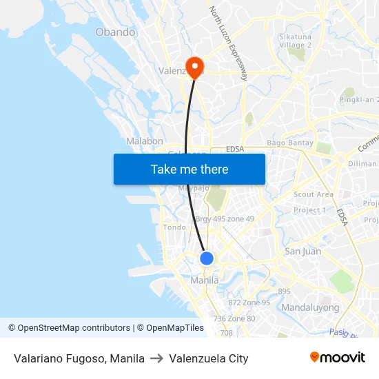 Valariano Fugoso, Manila to Valenzuela City map