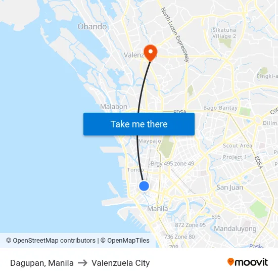 Dagupan, Manila to Valenzuela City map