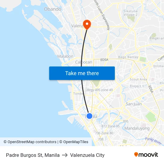 Padre Burgos St, Manila to Valenzuela City map