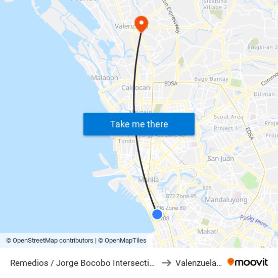 Remedios / Jorge Bocobo Intersection, Manila to Valenzuela City map