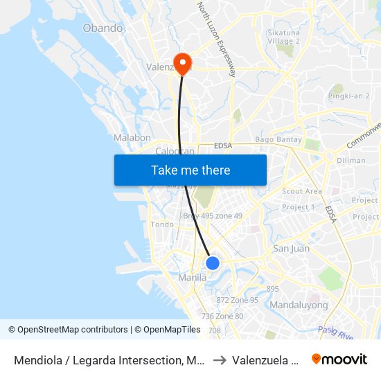 Mendiola / Legarda Intersection, Manila to Valenzuela City map