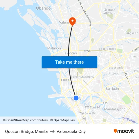 Quezon Bridge, Manila to Valenzuela City map