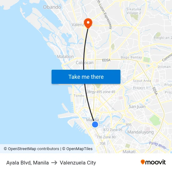 Ayala Blvd, Manila to Valenzuela City map