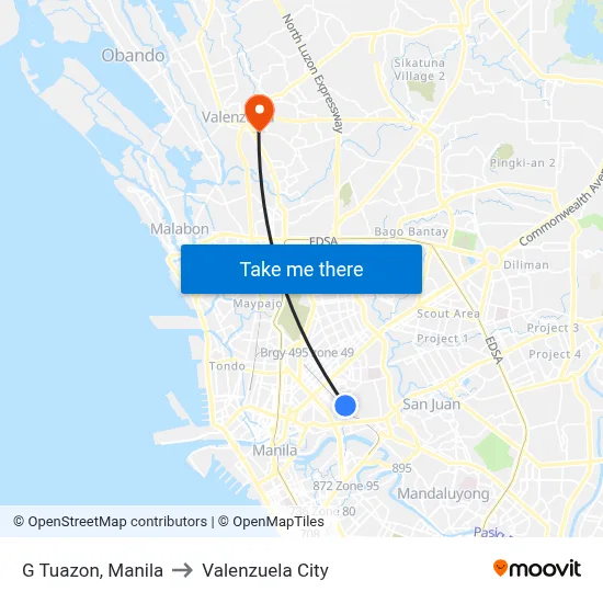 G Tuazon, Manila to Valenzuela City map