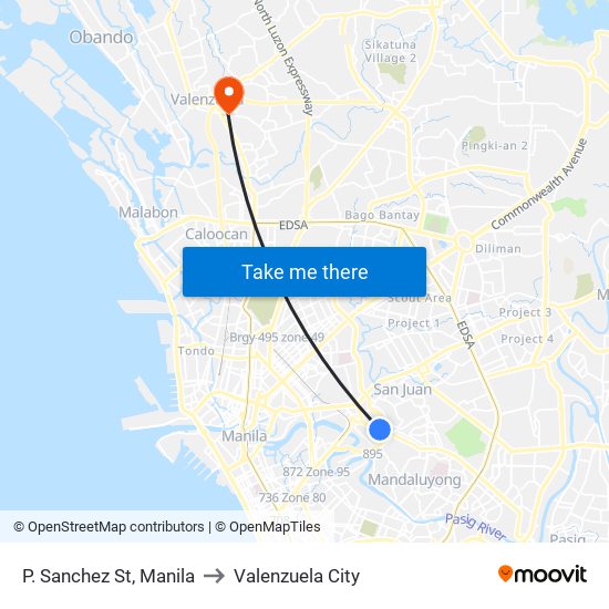 P. Sanchez St, Manila to Valenzuela City map