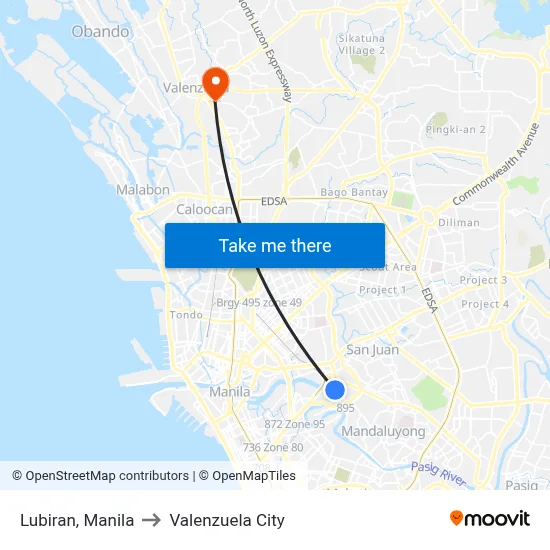 Lubiran, Manila to Valenzuela City map