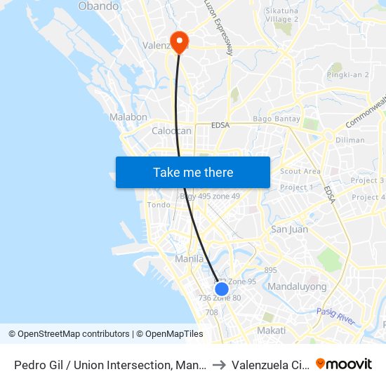 Pedro Gil / Union Intersection, Manila to Valenzuela City map