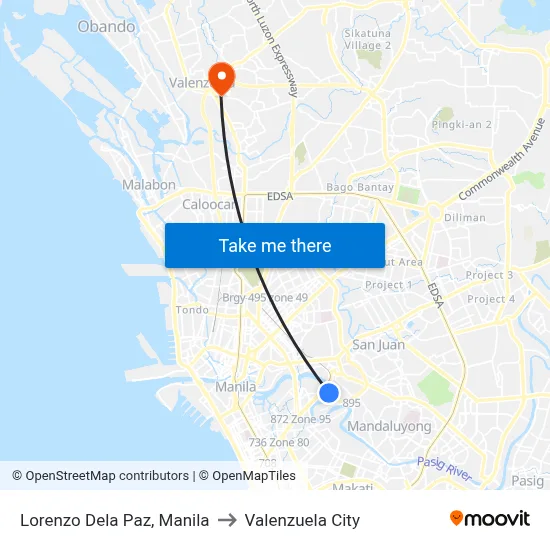 Lorenzo Dela Paz, Manila to Valenzuela City map