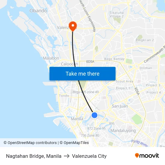 Nagtahan Bridge, Manila to Valenzuela City map