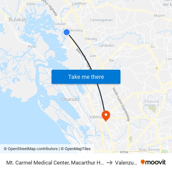 Mt. Carmel Medical Center, Macarthur Highway, Bocaue, Bulacan to Valenzuela City map