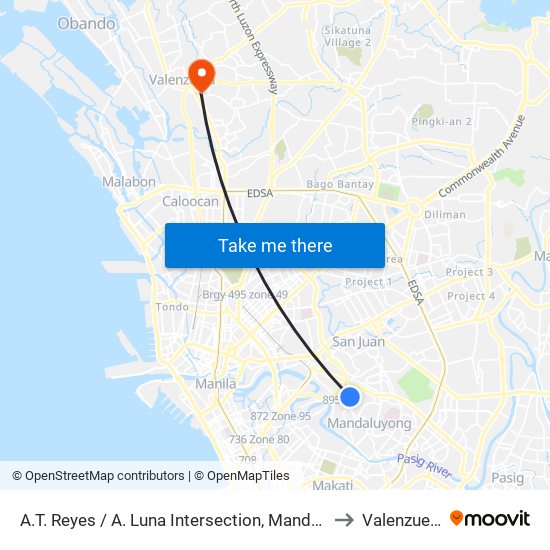 A.T. Reyes / A. Luna Intersection, Mandaluyong City, Manila to Valenzuela City map