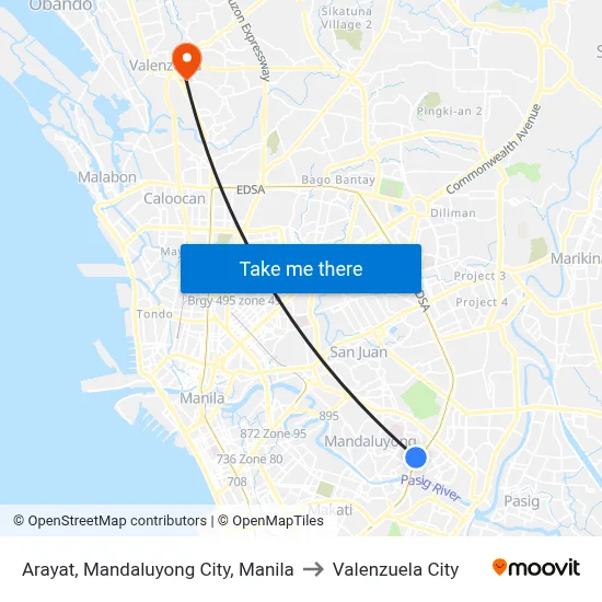 Arayat, Mandaluyong City, Manila to Valenzuela City map