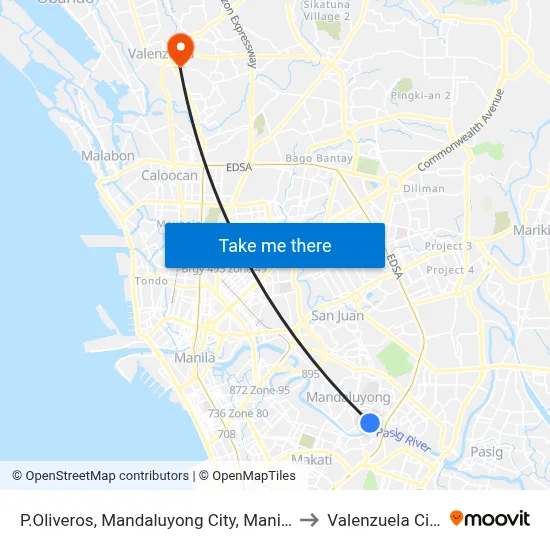 P.Oliveros, Mandaluyong City, Manila to Valenzuela City map
