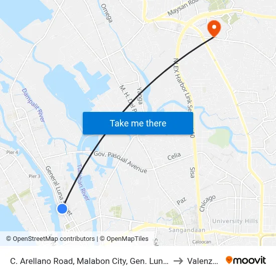 C. Arellano Road, Malabon City, Gen. Luna St., Bgy. Ibaba, Malabon City to Valenzuela City map