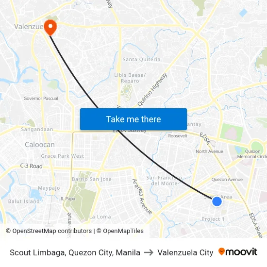 Scout Limbaga, Quezon City, Manila to Valenzuela City map