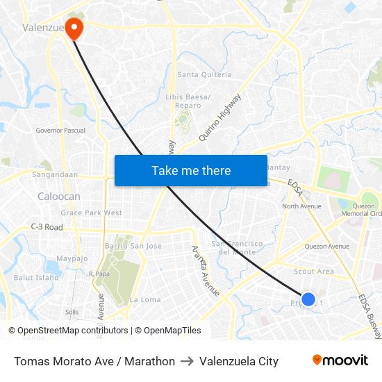 Tomas Morato Ave / Marathon to Valenzuela City map