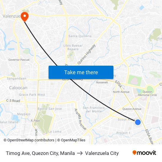 Timog Ave, Quezon City, Manila to Valenzuela City map