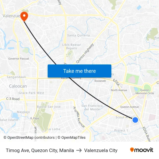 Timog Ave, Quezon City, Manila to Valenzuela City map