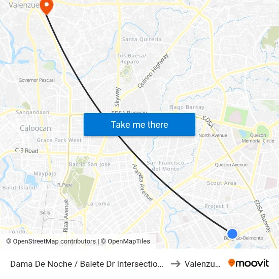 Dama De Noche / Balete Dr  Intersection, Quezon City, Manila to Valenzuela City map