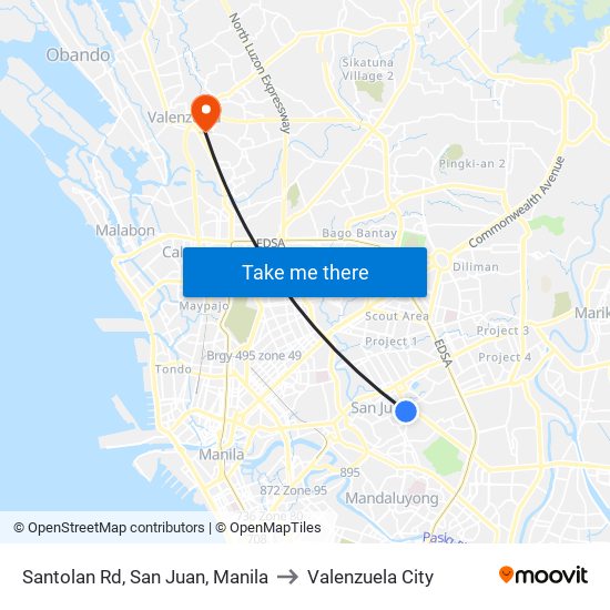 Santolan Rd, San Juan, Manila to Valenzuela City map