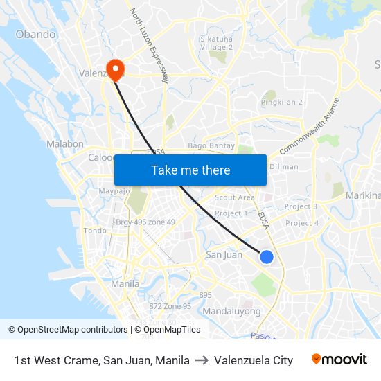 1st West Crame, San Juan, Manila to Valenzuela City map