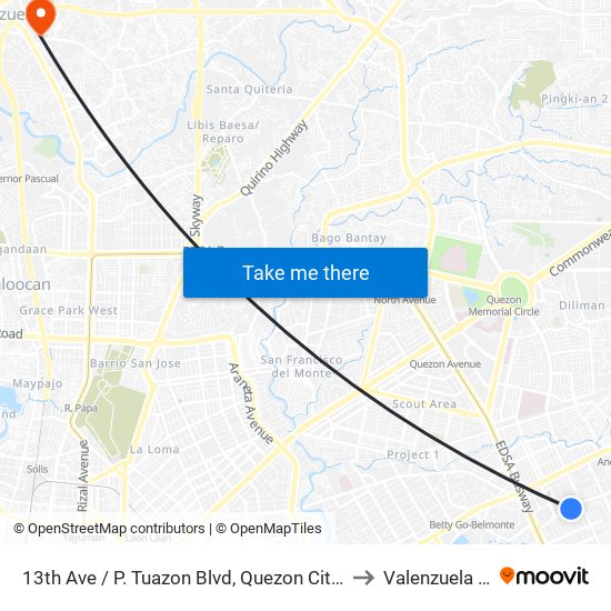 13th Ave / P. Tuazon Blvd, Quezon City, Manila to Valenzuela City map