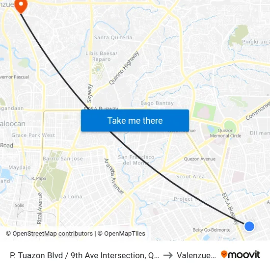 P. Tuazon Blvd / 9th Ave Intersection, Quezon City, Manila to Valenzuela City map