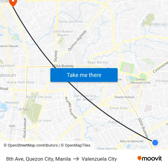 8th Ave, Quezon City, Manila to Valenzuela City map