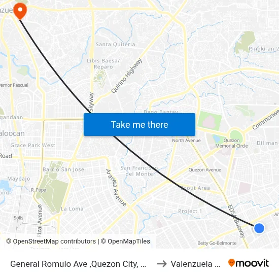 General Romulo Ave ,Quezon City, Manila to Valenzuela City map