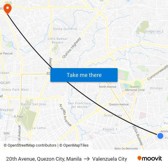 20th Avenue, Quezon City, Manila to Valenzuela City map