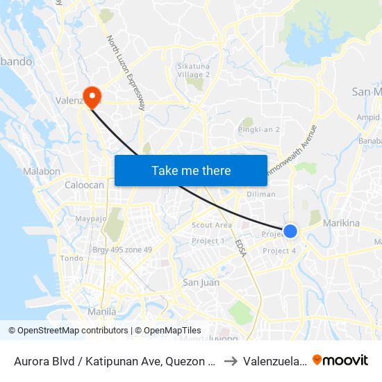Aurora Blvd / Katipunan Ave, Quezon City, Manila to Valenzuela City map