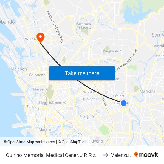Quirino Memorial Medical Cener, J.P. Rizal Street, Quezon City, Manila to Valenzuela City map