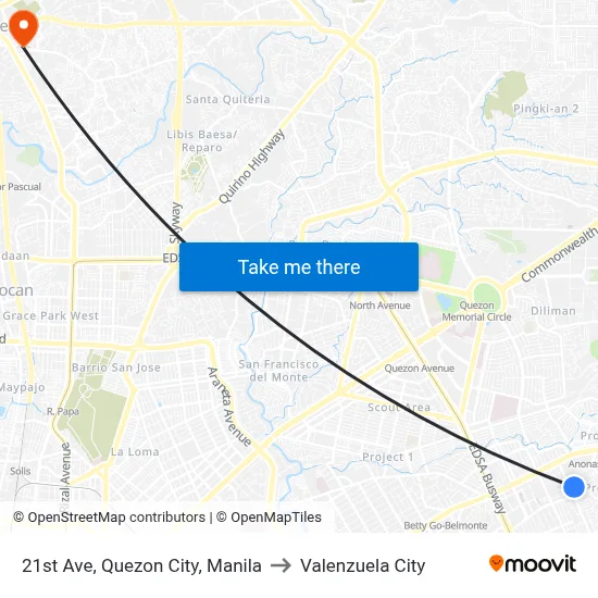 21st Ave, Quezon City, Manila to Valenzuela City map