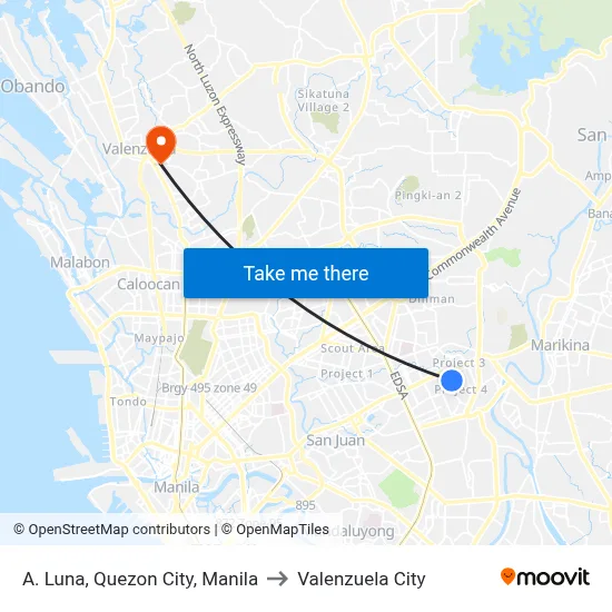 A. Luna, Quezon City, Manila to Valenzuela City map