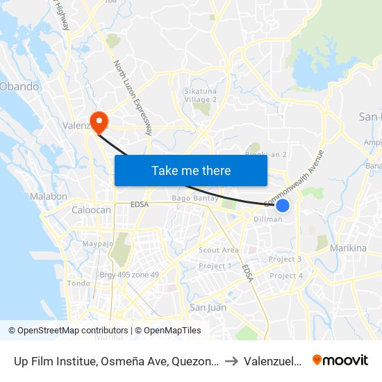 Up Film Institue, Osmeña Ave, Quezon City, Manila to Valenzuela City map