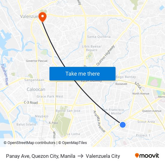 Panay Ave, Quezon City, Manila to Valenzuela City map