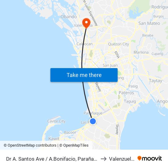 Dr A. Santos Ave / A.Bonifacio, Parañaque City, Manila to Valenzuela City map