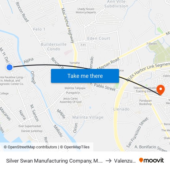 Silver Swan Manufacturing Company, M. D Del Pilar, Malabon City to Valenzuela City map