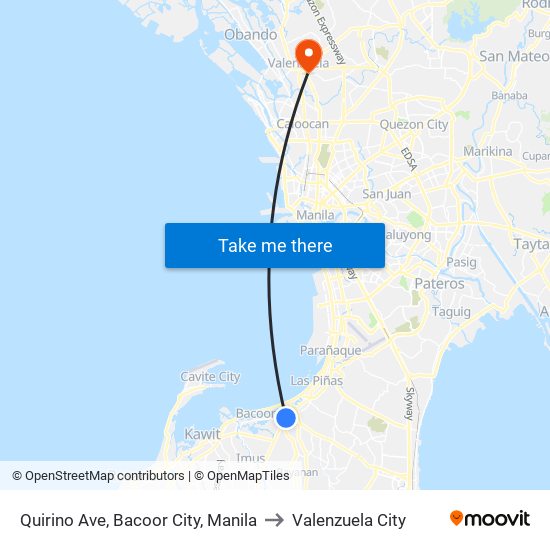 Quirino Ave, Bacoor City, Manila to Valenzuela City map