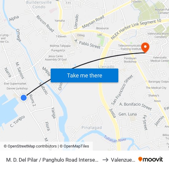M. D. Del Pilar / Panghulo Road Intersection, Malabon City to Valenzuela City map
