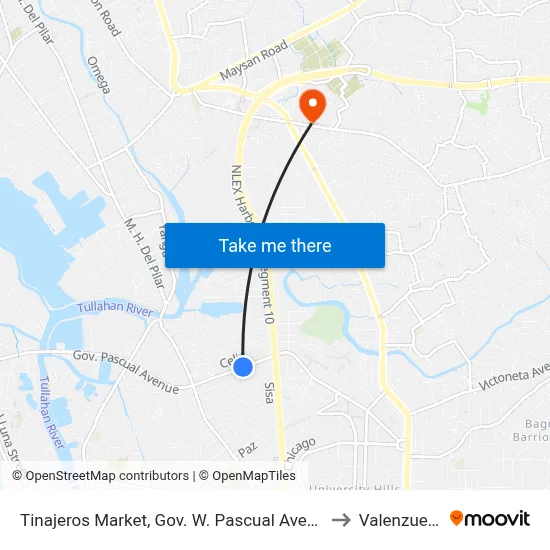 Tinajeros Market, Gov. W. Pascual Avenue, Malabon City to Valenzuela City map
