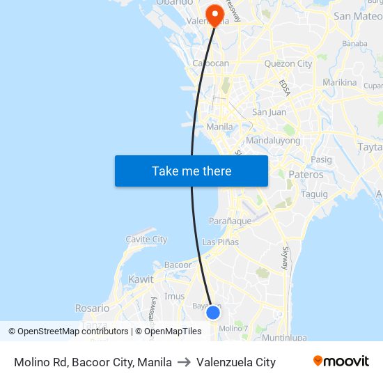 Molino Rd, Bacoor City, Manila to Valenzuela City map