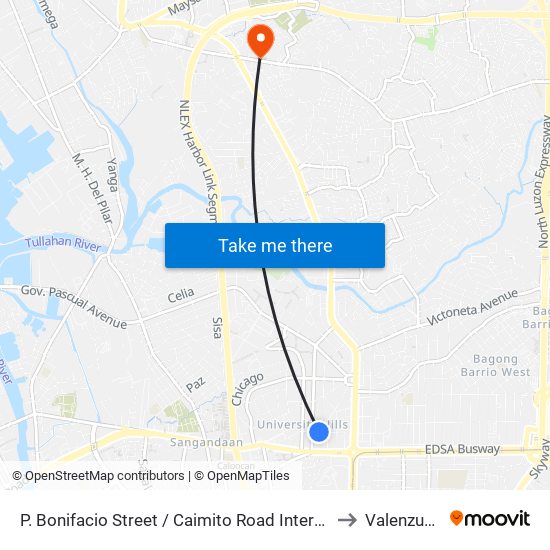 P. Bonifacio Street / Caimito Road Intersection,  Malabon City to Valenzuela City map