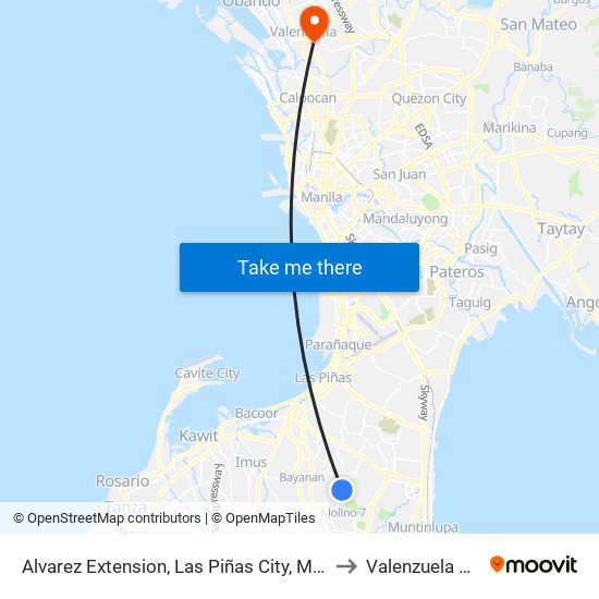 Alvarez Extension, Las Piñas City, Manila to Valenzuela City map