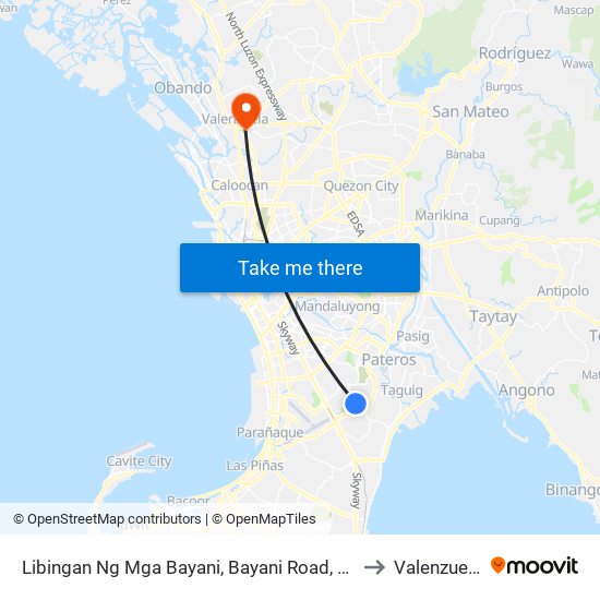 Libingan Ng Mga Bayani, Bayani Road, Taguig City, Manila to Valenzuela City map